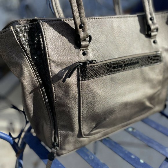Kate Landry Leather Tote Purse Metallic Pewter w/a Bronze Textured Accent - Picture 2 of 6